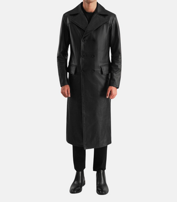 Men’s Black Leather Double Breasted Coat With Botton Closure