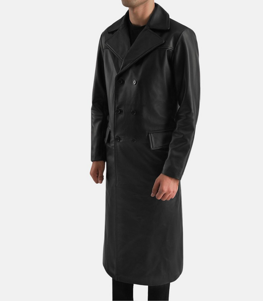 Men’s Black Leather Double Breasted Coat With Botton Closure