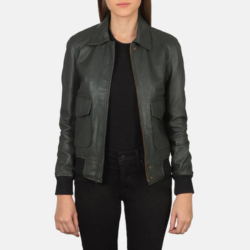 A-2 Green Leather Bomber Jacket with Button Flap & Rib Knit Cuffs