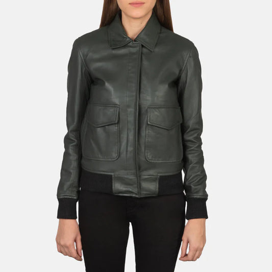 A-2 Green Leather Bomber Jacket with Button Flap & Rib Knit Cuffs