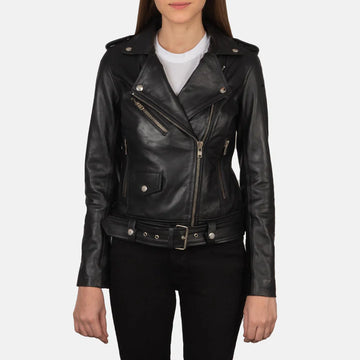 Alison Semi-Aniline Black Leather Biker Jacket with Shoulder Epaulettes