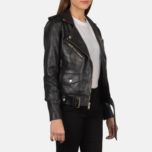 Alison Semi-Aniline Black Leather Biker Jacket with Shoulder Epaulettes