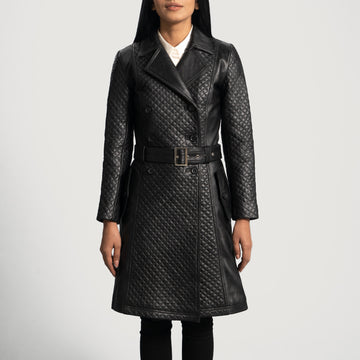 Aniline-Finished Black Leather Trench Coat with Notch Collar