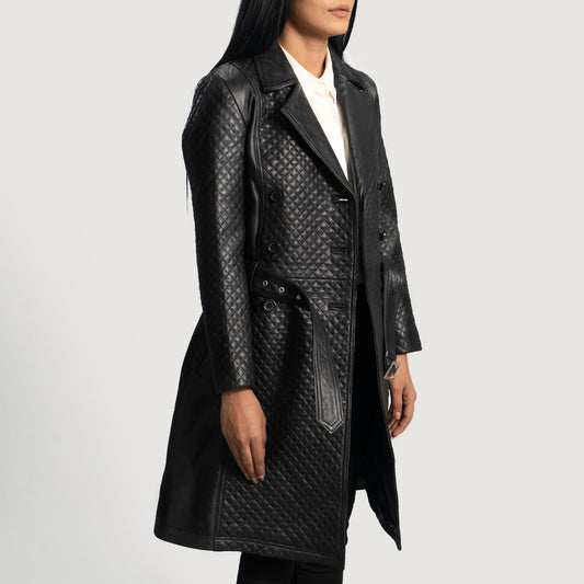Aniline-Finished Black Leather Trench Coat with Notch Collar
