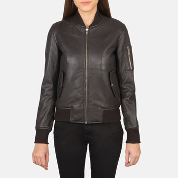 Ava Brown Leather Bomber Jacket with Rib Knit Collar & Semi-Aniline Finish