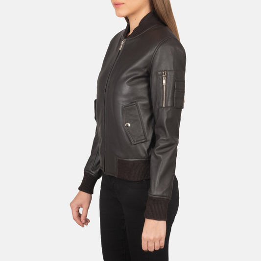 Ava Brown Leather Bomber Jacket with Rib Knit Collar & Semi-Aniline Finish