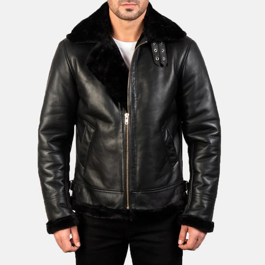 Baron B-3 Black Leather Bomber Jacket with Faux Fur Lining
