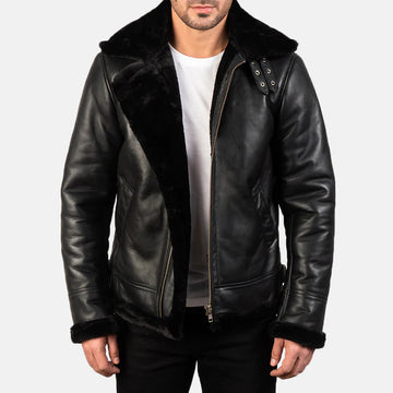 Baron B-3 Black Leather Bomber Jacket with Faux Fur Lining