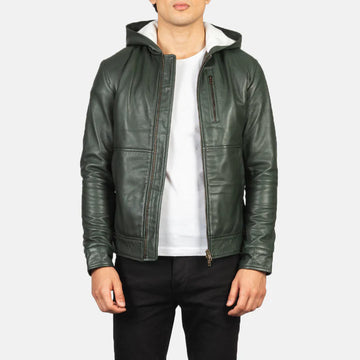 Nordic Green Leather Bomber Jacket with Fully Fleece Lined Interior