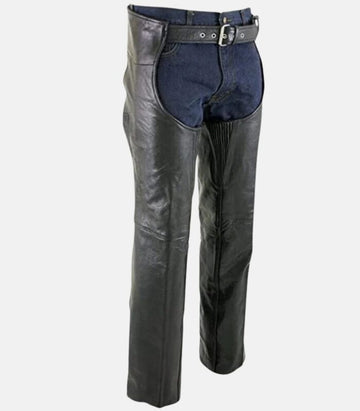 Black Cowhide Leather Chaps with Jean Pockets & Snap Closures