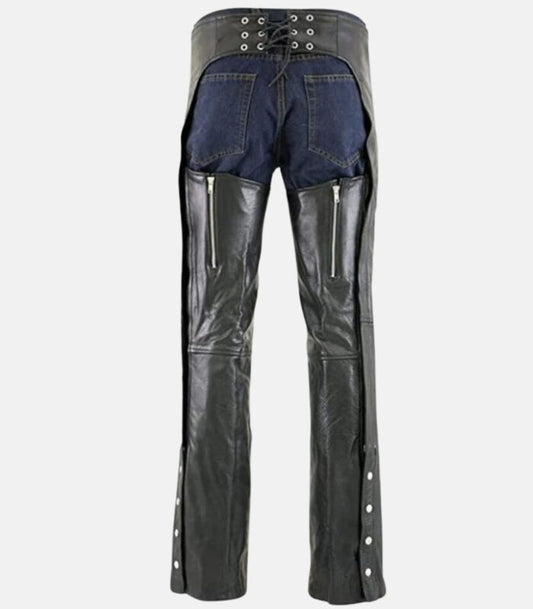 Black Cowhide Leather Chaps with Jean Pockets & Snap Closures