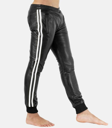 Black Lamb Leather Trousers with Classic White Side Stripes