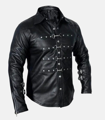 Black Leather Button-Up Shirt with Buckled Front & Sleeves