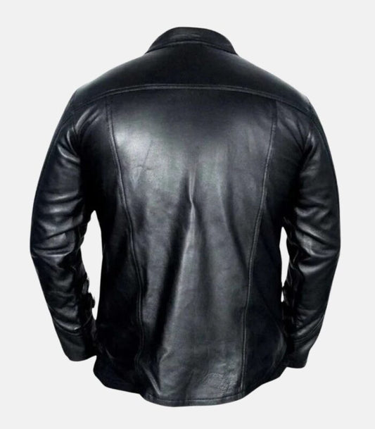 Black Leather Button-Up Shirt with Buckled Front & Sleeves