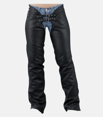 Black Leather Chaps with Custom Fit Waist Belt