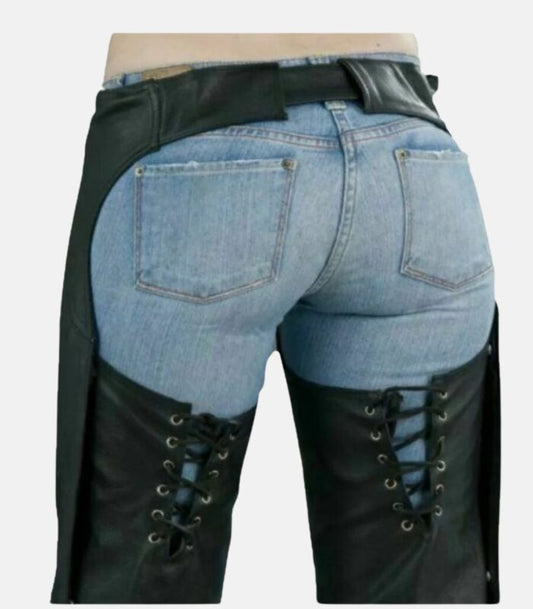 Black Leather Chaps with Custom Fit Waist Belt