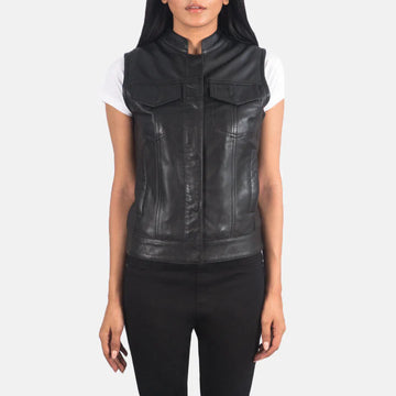 Black Leather Moto Vest with Band Collar & Quilted Lining