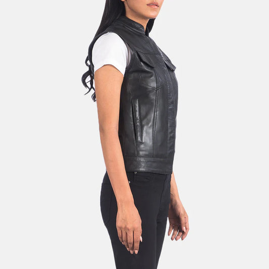 Black Leather Moto Vest with Band Collar & Quilted Lining