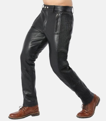 Black Leather Pants with Quilted Side Lining & Front Zipper Pockets