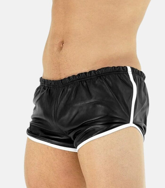 Black Leather Shorts with Striking White Stripes