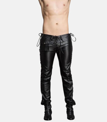 Black Slim Fit Leather Trousers with Lace-Up Sides