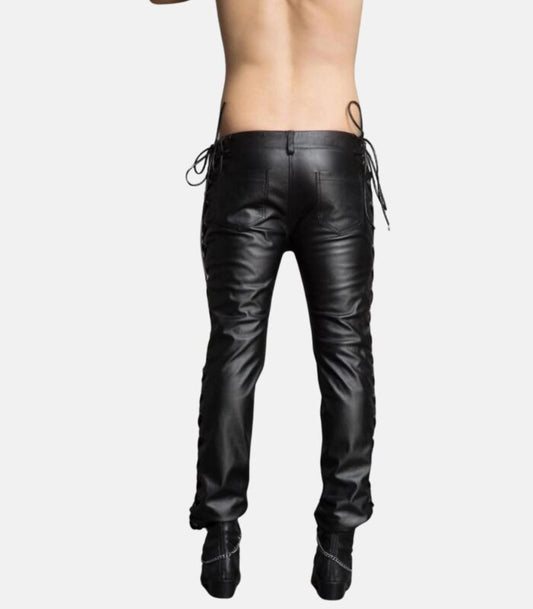 Black Slim Fit Leather Trousers with Lace-Up Sides