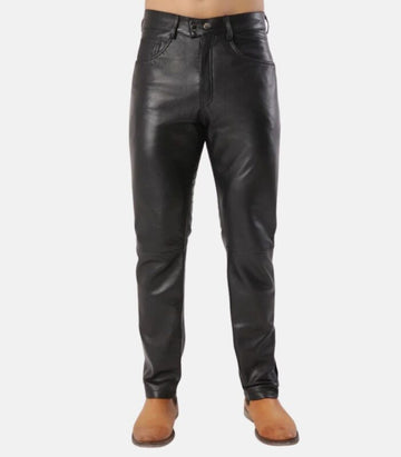 Black Slim Fit Plain Leather Pants with Classic 501 Jean Style for Men