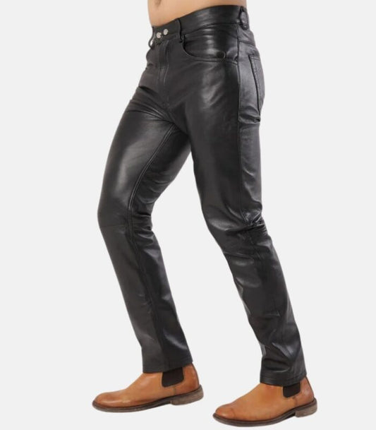 Black Slim Fit Plain Leather Pants with Classic 501 Jean Style for Men