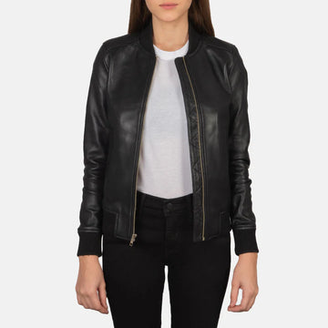 Bliss Black Sheepskin Leather Bomber Jacket with Wind Flap & Varsity-Style