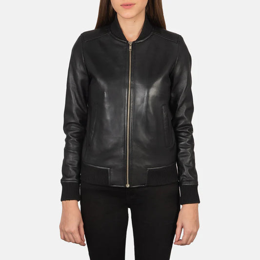 Bliss Black Sheepskin Leather Bomber Jacket with Wind Flap & Varsity-Style