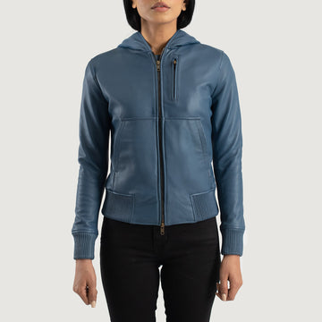 Blue Hooded Leather Bomber Jacket with Fleece Lining