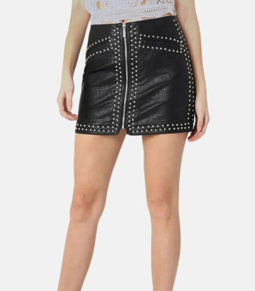 Bold Black Leather Mini Skirt with Stud Detailing