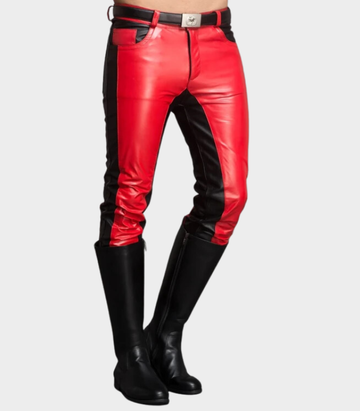 Men Bold Redline Leather Pants with Premium Satin Lining