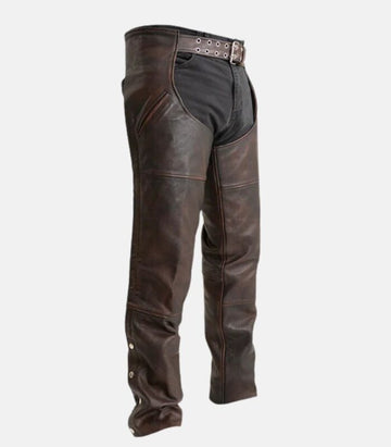 Brown Cowhide Leather Chaps with Deep Storage Pockets & Snap Cuffs