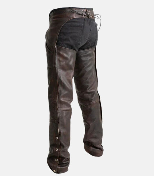 Brown Cowhide Leather Chaps with Deep Storage Pockets & Snap Cuffs