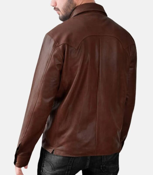 Brown Leather Shirt with Front Pockets & Button Closure