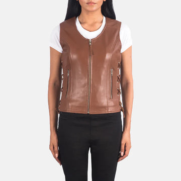 Brown Sheepskin Leather Biker Vest with Semi-Aniline Finish
