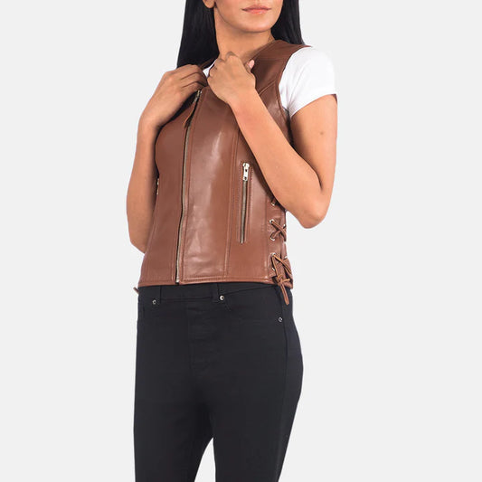 Brown Sheepskin Leather Biker Vest with Semi-Aniline Finish