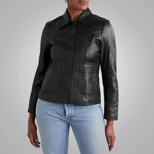 Buttery Soft Black Leather Shirt with Sleek Button Closure