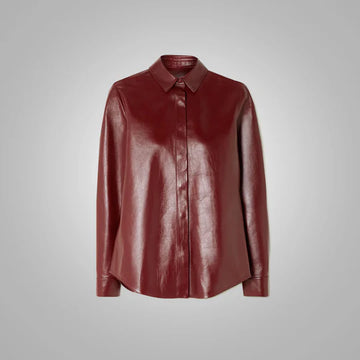 Buttery Soft Red Leather Shirt with Concealed Button Closure
