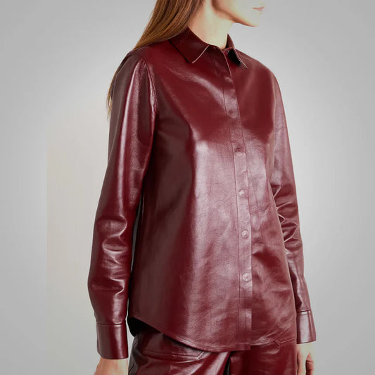 Buttery Soft Red Leather Shirt with Concealed Button Closure