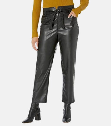 Chic High-Waisted Black Leather Trousers with Hook and Loop Fastening