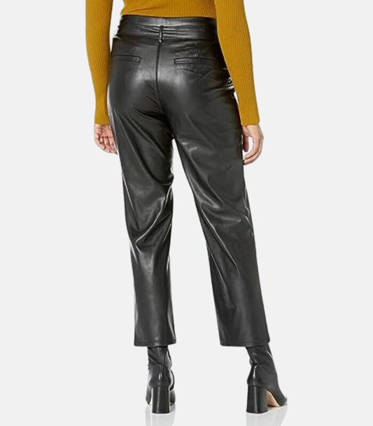 Chic High-Waisted Black Leather Trousers with Hook and Loop Fastening