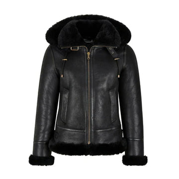 Classic Black B3 Bomber Jacket with Shearling Adjustable Hood