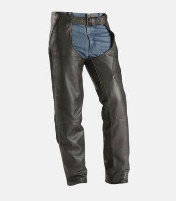 Classic Black Cowhide Leather Biker Chaps with Adjustable Fit