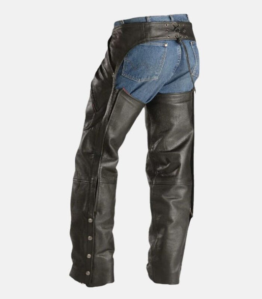 Classic Black Cowhide Leather Biker Chaps with Adjustable Fit