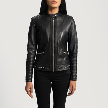 Classic Black Leather Biker Jacket with Snap Button-Band Collar