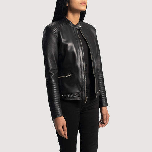 Classic Black Leather Biker Jacket with Snap Button-Band Collar