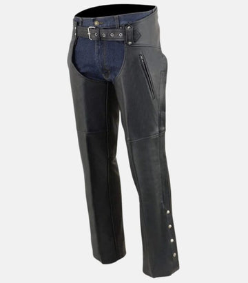 Classic Black Leather Chaps with Jean-Style Pockets and Snap Closures