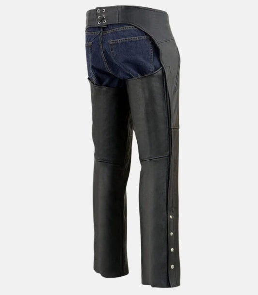 Classic Black Leather Chaps with Jean-Style Pockets and Snap Closures